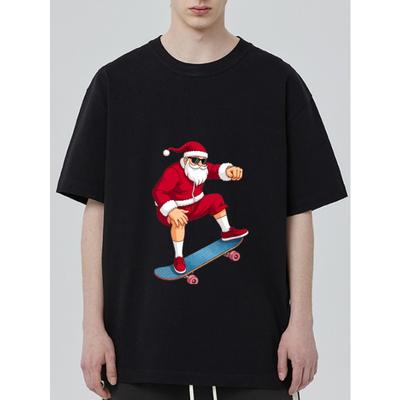 T-shirt Babbo Natale Skateboard Nero Vacanze di Natale Stampa Cartone Animato Unisex Abbigliamento Casual per Uomo Donna e Bambini