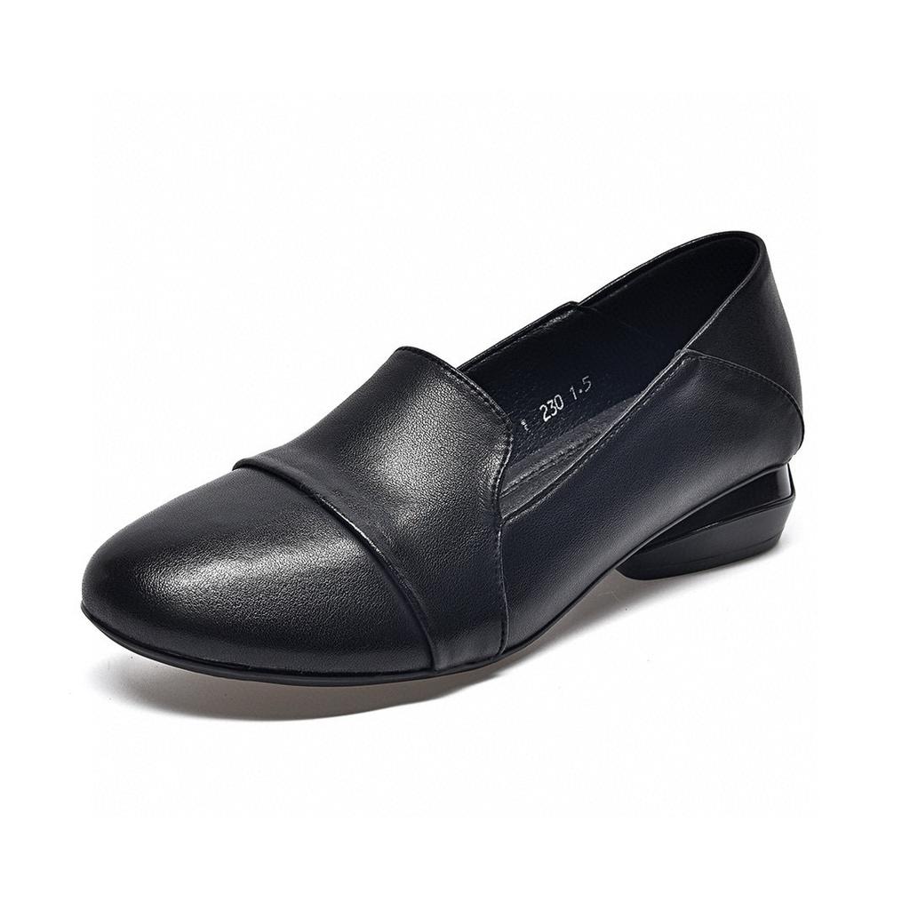 Round Head Flat Shoes Women's Autumn Simple Temperament Low Heel Work Shoes Cowhide Shallow Mouth Small Single Shoes Women's Four Seasons Shoes