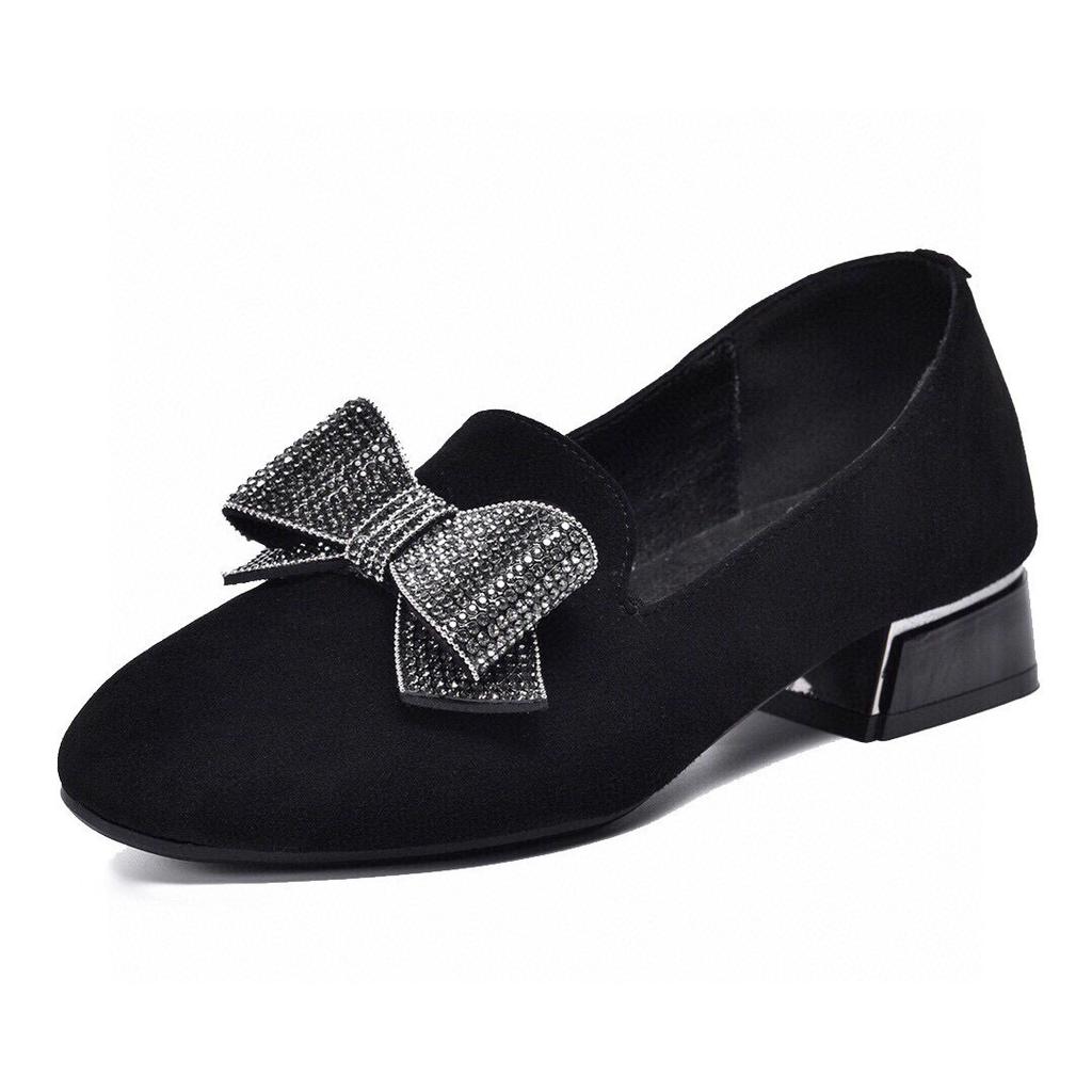 Single shoes women's spring new black sheepskin low heel bow women's shoes low top one pedal