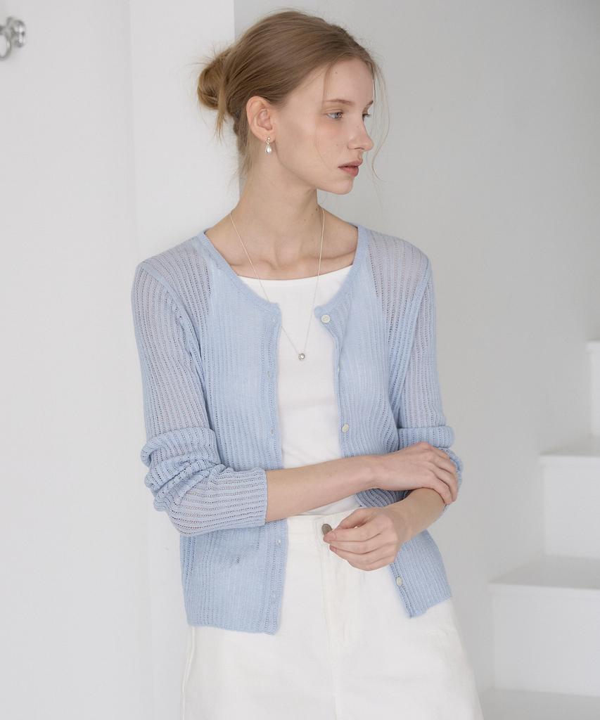 OURHOPE Linen Round Neck Ribbed Cardigan - Sky Blue