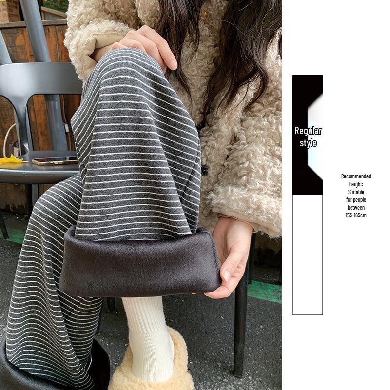 

Women s Fluffy Striped Wide-Leg Lazy Style Sweatpants - Petite Autumn Winter Warm Draping Slim Fit L (110-125 lbs)