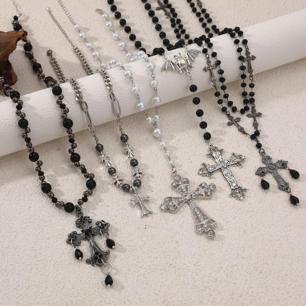 Dark Gothic cross fringed necklace multi-layered beaded necklace fashionable Spice Girl necklace