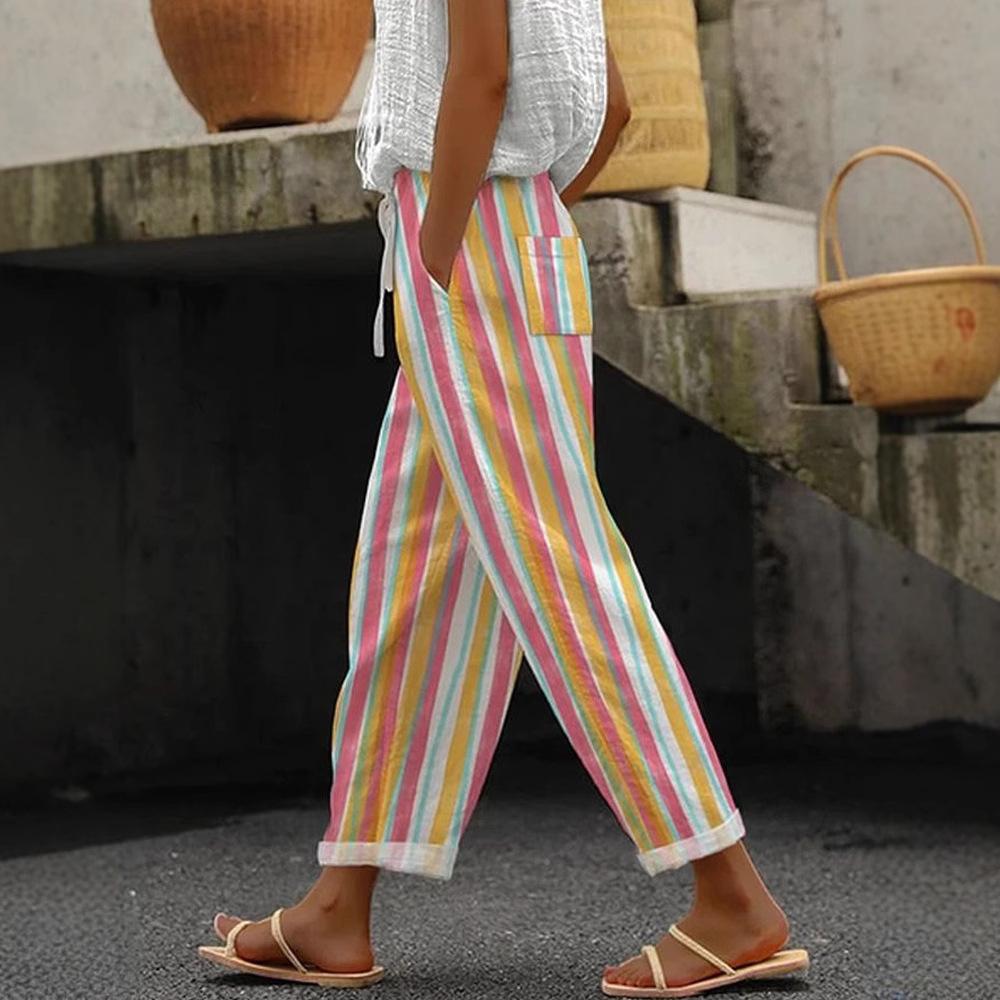 Women's Colorful Striped Wide Leg Pants with Drawstring Waist