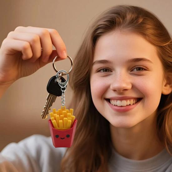 Keychain Pendant, 3D Printed French Fries Shape Decompression Button, Noiseless Pressing Mini Portable Keychain