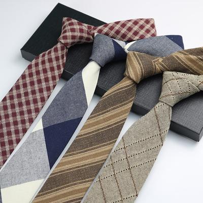 Herren Krawatte, Vintage Britisch 7Cm Schmal Schwarz Grau Gestreift Kariert Baumwolle Und Leinen Hemd Studenten Schulstil Hand Beat