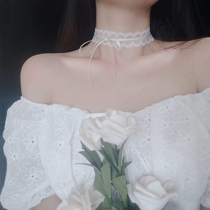 White Lace Bow Double Layer Hollow Versatile Clavicle Choker Necklace For Women