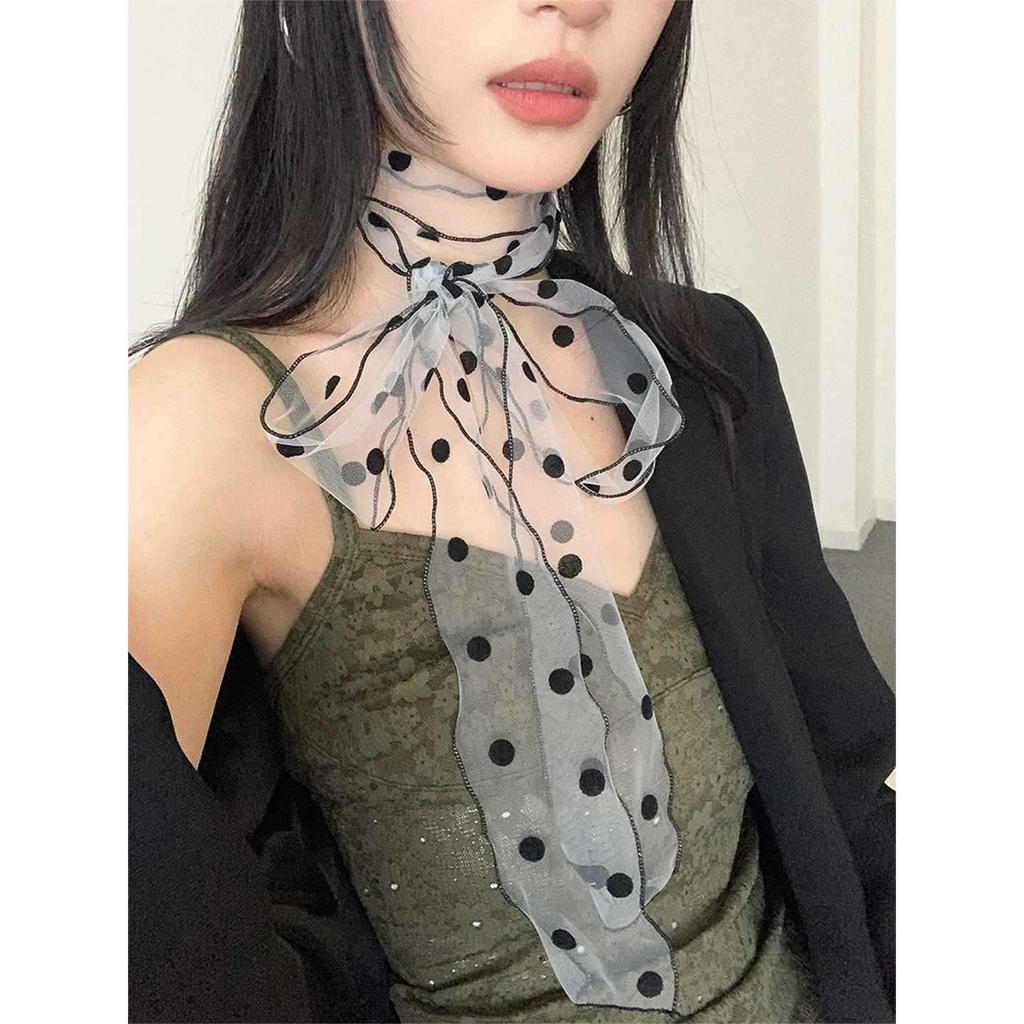 A sophisticated long polka dot silk scarf for women, a versatile necktie ribbon, a niche vintage thin scarf with ribbons