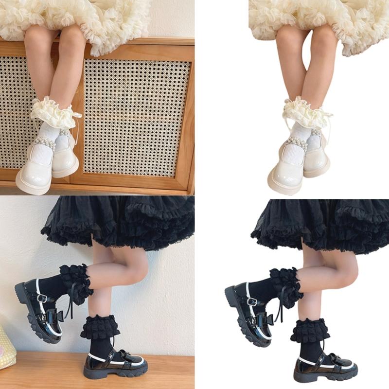 Breathable Cotton Hosiery Socks for Girls Toddler Stretchy Knee High Socks Puff Edge Lace Bows Socks for Autumn Spring