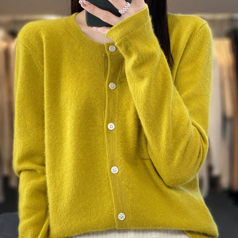 Round Neck Short Sleeve Long Sleeve Wool Cardigan Spring New Loose Fashionable Versatile Solid Color Knitted Top