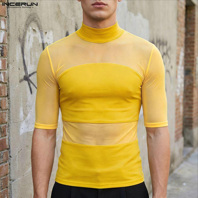 INCERUN Summer Men O Neck Short Sleeve Mesh See Through Patchwork T-shirts Tops