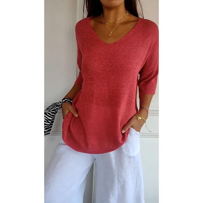 Women's European & American V-Neck Knit Sweaters, Slim Fit, Solid Color, 3/4 Sleeves, Casual Style