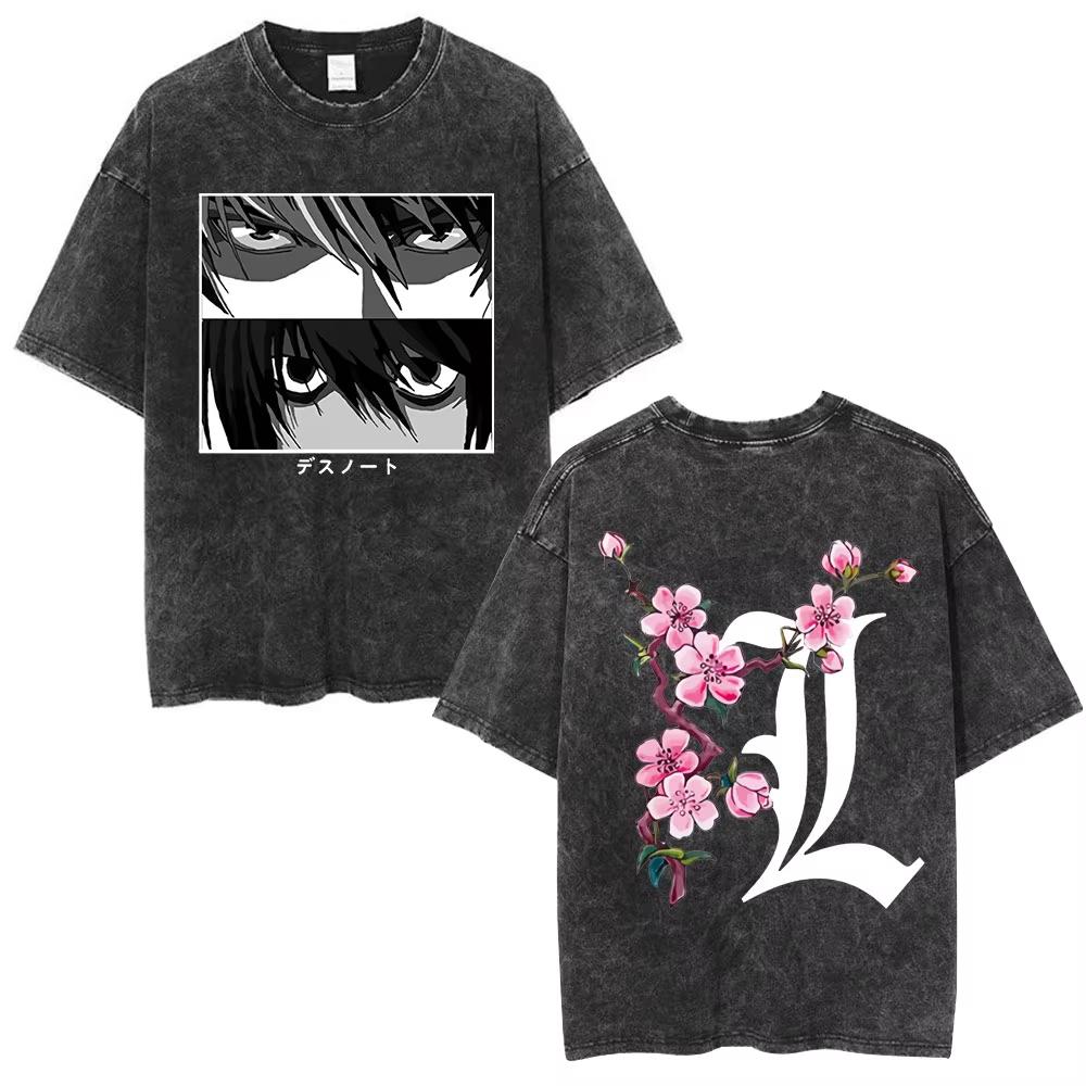 2026 Summer Hot Sale Vintage Washed Anime Death Note Graphic T Shirts Men Women Vintage Hip Hop Streetwear Oversized Tshirt