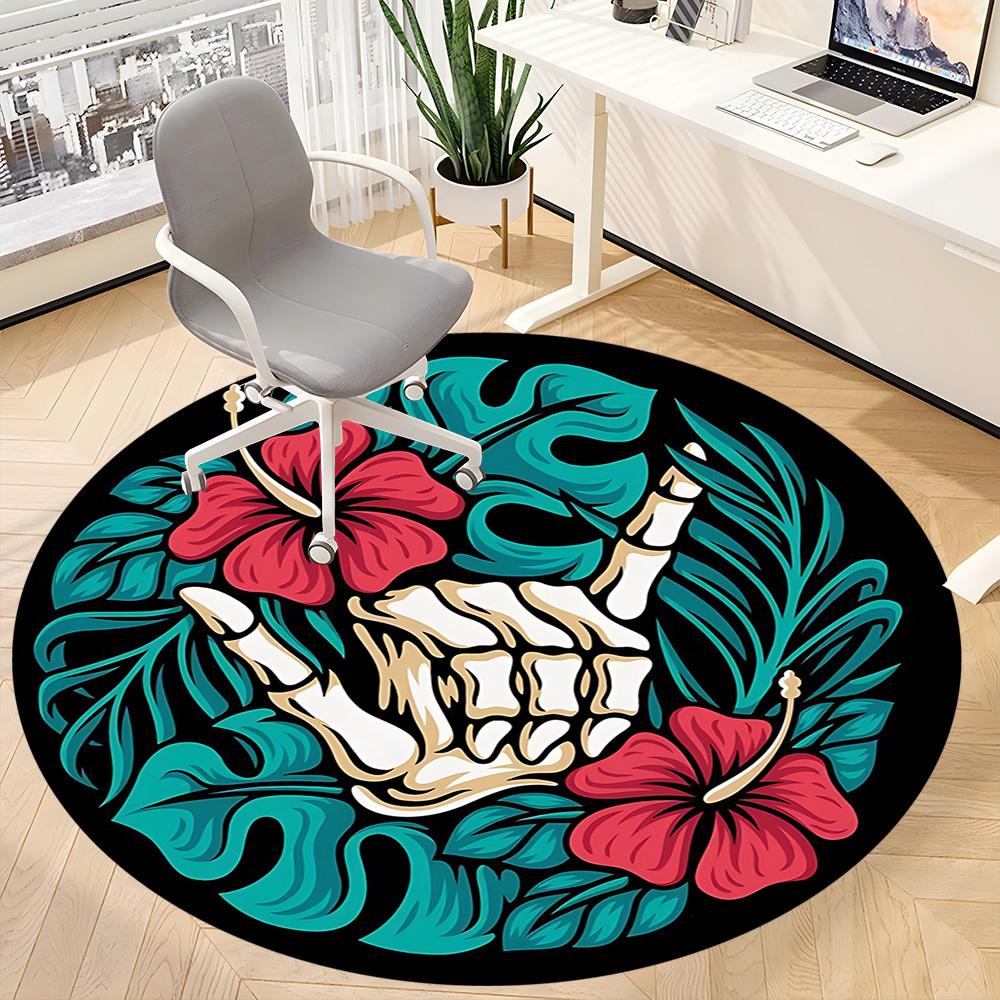 1pc Tropical Floral Skeleton Hand Chair Carpet for Office, Round Non Slip Durable Large Size Office Carpet, Suitable for Office