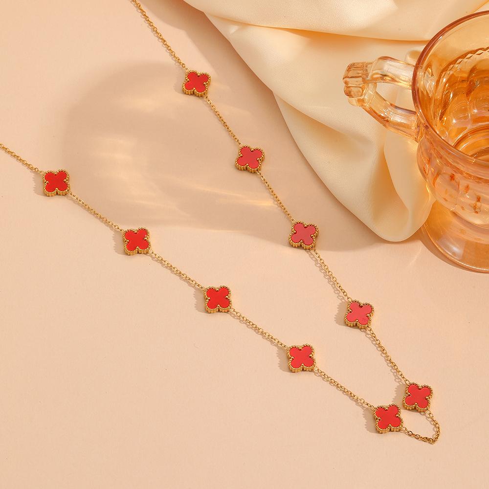 Four leaf clover stainless steel small flower double-sided shell pendant necklace