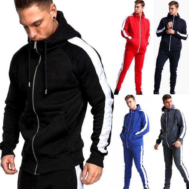 2pcs Mens Tracksuit Set Zip Hooded Coat Bottoms Trousers Gym Joggers Suit Sport