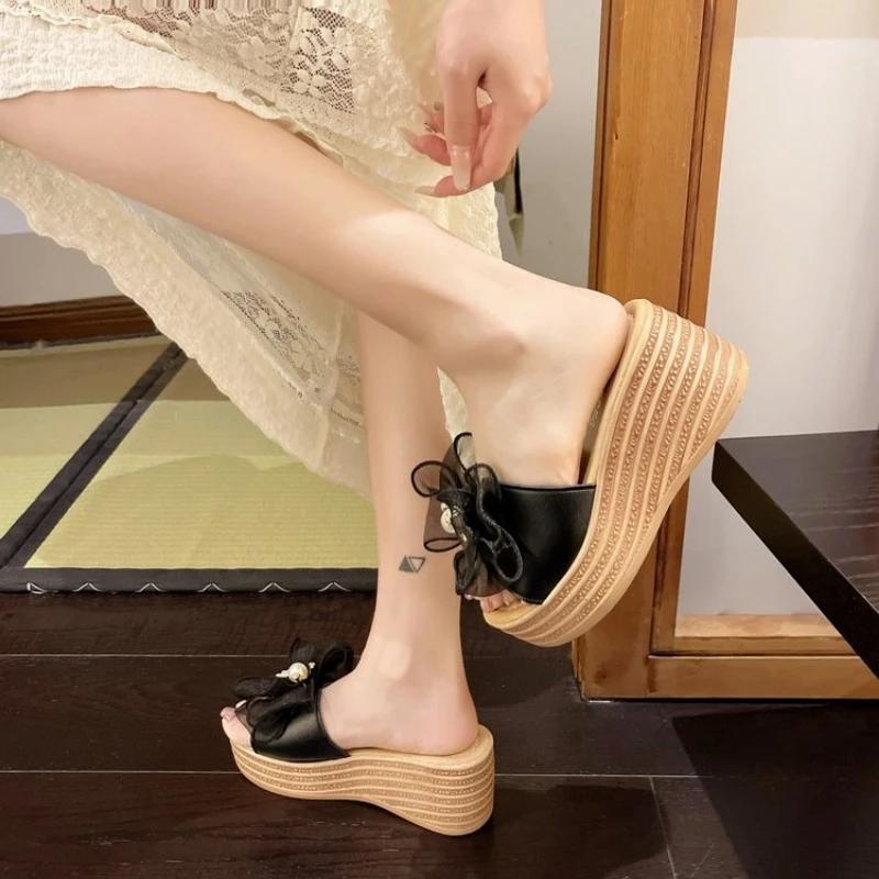 Summer Women's Slippers Open Toe Women's Summer Outdoor Beach Slippers Women's Wedge Sandals Bow