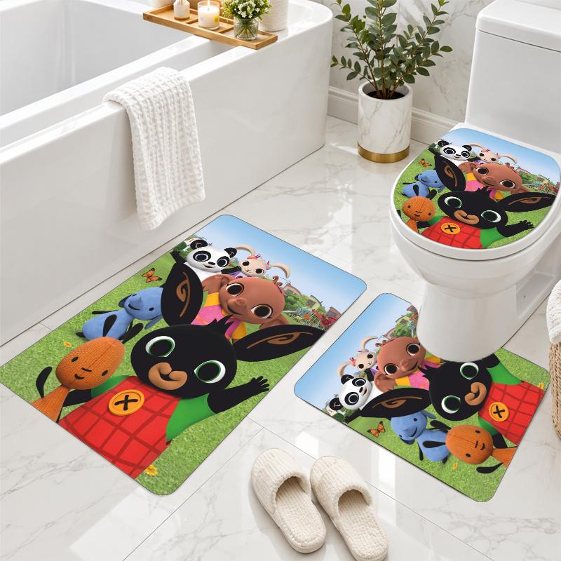 3Pcs Flannel Toilet Mat Set Bing Bunny Bathroom Rug Non Slip Bath Carpet Home Decor