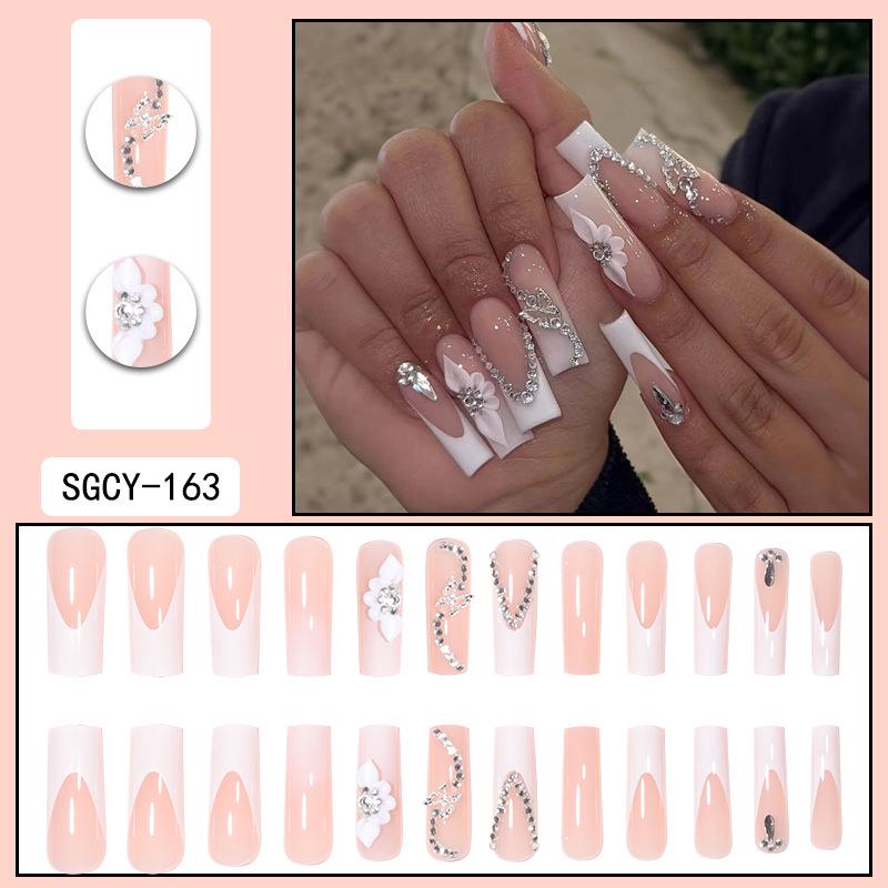 Pink & White Floral Diamond Long Press-On Nails - 24-Piece Set