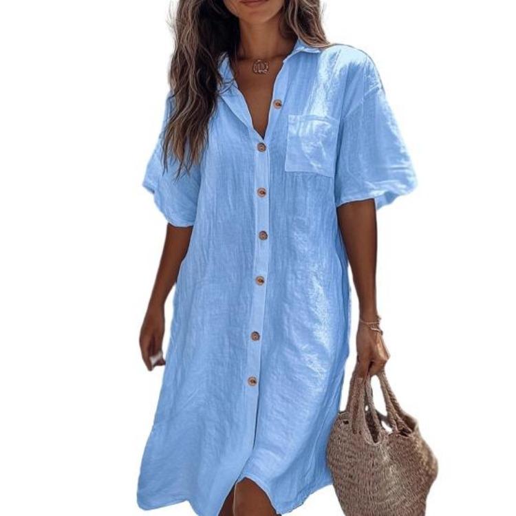 Casual Commuter Style Women Shirt Lapel Short Sleeve Loose Fit Solid Color Buttons Placket Work Shirt S небесно-голубой