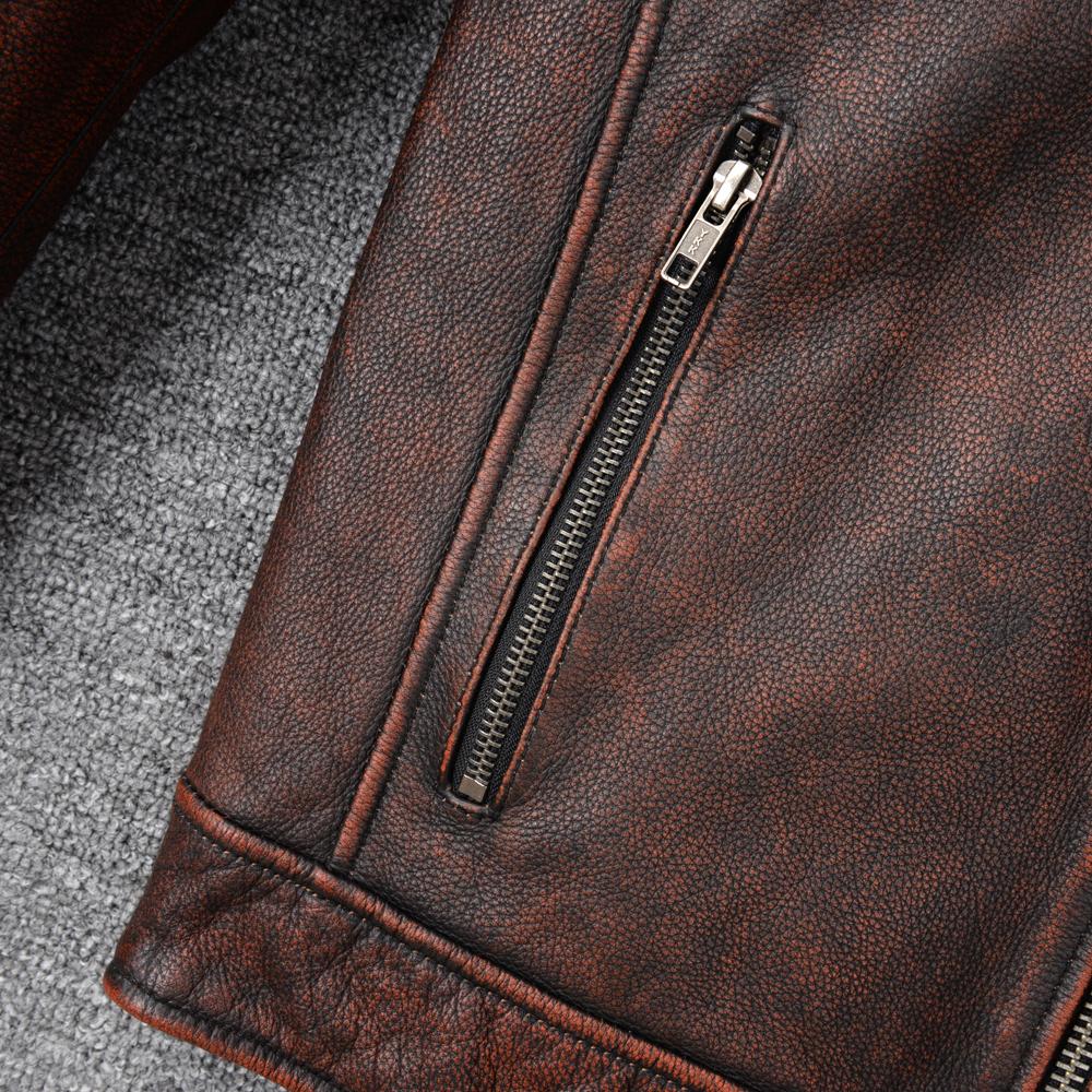 Vintage Red Brown Genuine Cow Men's Leather Jacket Slim Short Cowhide Coat Man Skin Clothes Spring Autumn