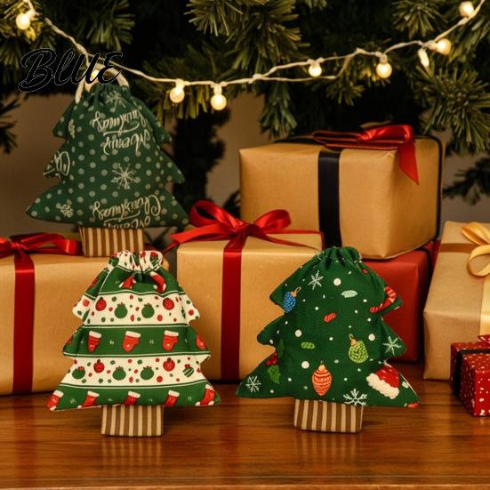 Christmas Gift Bags Tree Shaped with Drawstring Reusable Holiday Fabric Bags Decor Winter Goodie Storage Pouches for Present Wrapping Party Favors