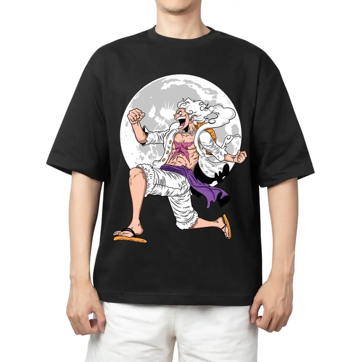 One Piece Monkey D. Luffy Gear 5 Nika Form Moonlight Anime Black Oversized T-Shirt Streetwear Pop Rock Concert Fan Merch T-Shirt 4XL
