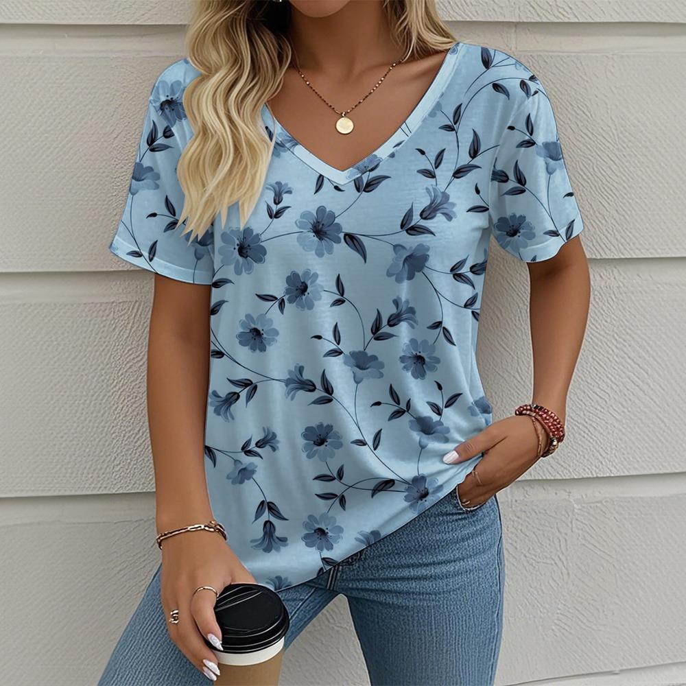 Women's Summer T-shirt Plant Flower Print Retro Fashion Casual Short-sleeved Street V-neck Women's Clothing