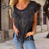 Women T-shirt Round Neck Short Sleeve Tee Shirt with Hot Rhinestones Printing Tassel Hem Solid Color Pullover Tops Daily Wear