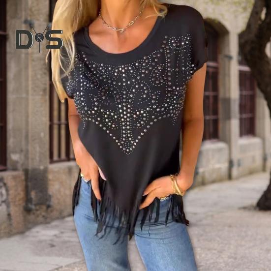 Women T-shirt Round Neck Short Sleeve Tee Shirt with Hot Rhinestones Printing Tassel Hem Solid Color Pullover Tops Daily Wear