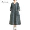 2026 Vintage Style Spring Summer Women Large Size Midi Dress Casual Loose Oversized Brief Denim Dress 3/4 Sleeve Babby Ladies' Dress