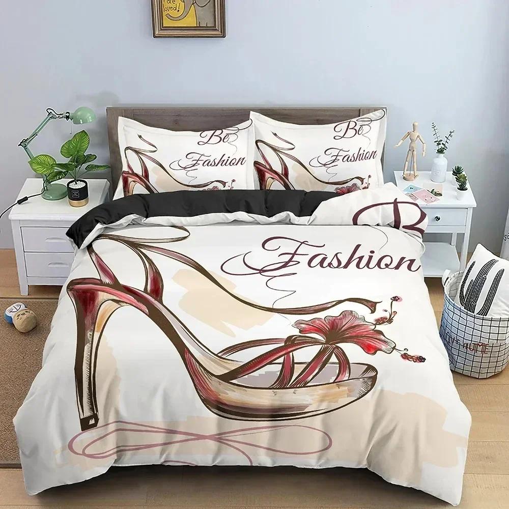 3d Fashion Woman Cosmetics Bedding Set Bedclothes Female High-heeled Shoes Quilt Cover Full King Queen Single Size Home Textile 135x200cm