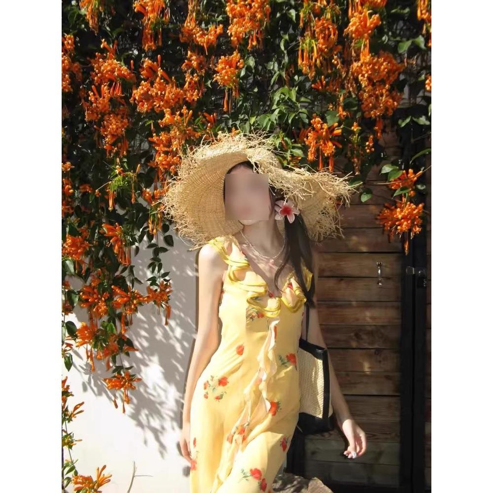 

Ретро платье желтого цвета с V-образным вырезом и краем в виде гриба-розы, женское летнее темпераментное платье без рукавов с юбкой «рыбий хвост», приталенное длинное платье XL- (recommended 110-60kg)