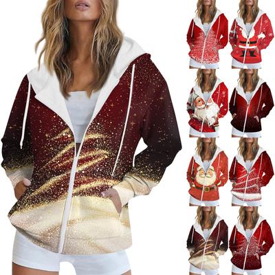 Women's Christmas Printed Sweatshirt Autumn Winter Long Sleeve Cardigan Jacket With Pockets Zipper Hoodie Outerwear