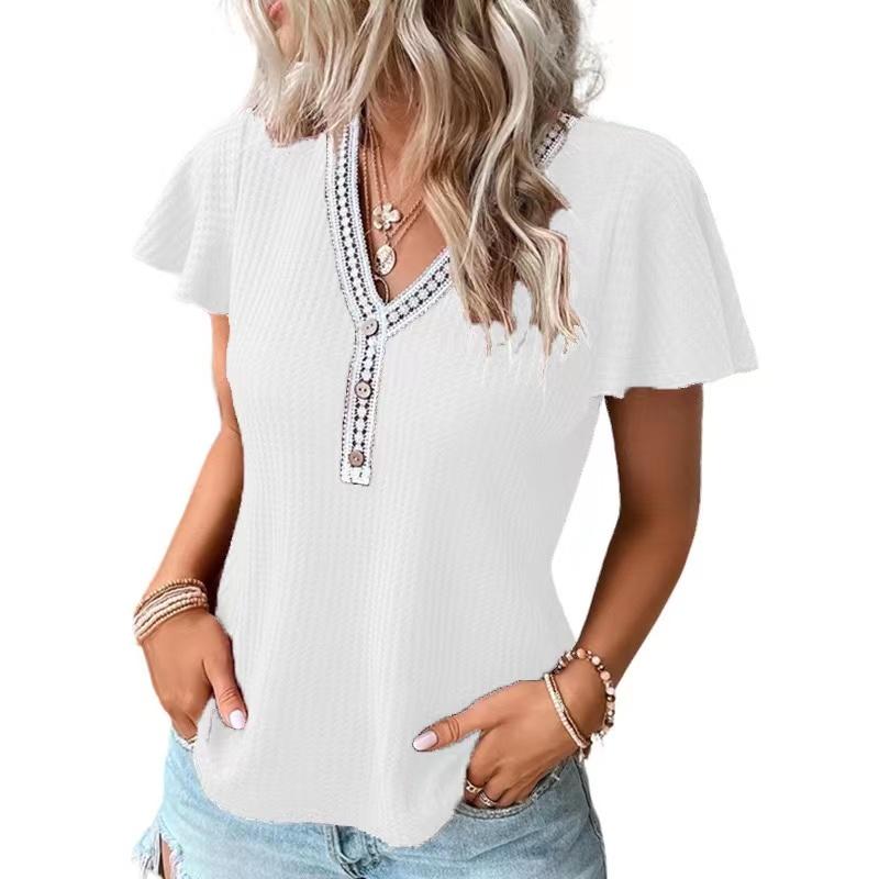 Women's Solid Color V Neck Waffle Panel Short Sleeve T-Shirt