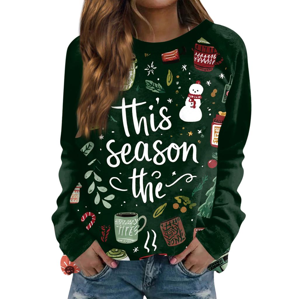 Women's Fashion Casual Long Sleeve Christmas Printed  Neck Sweatshirt Top