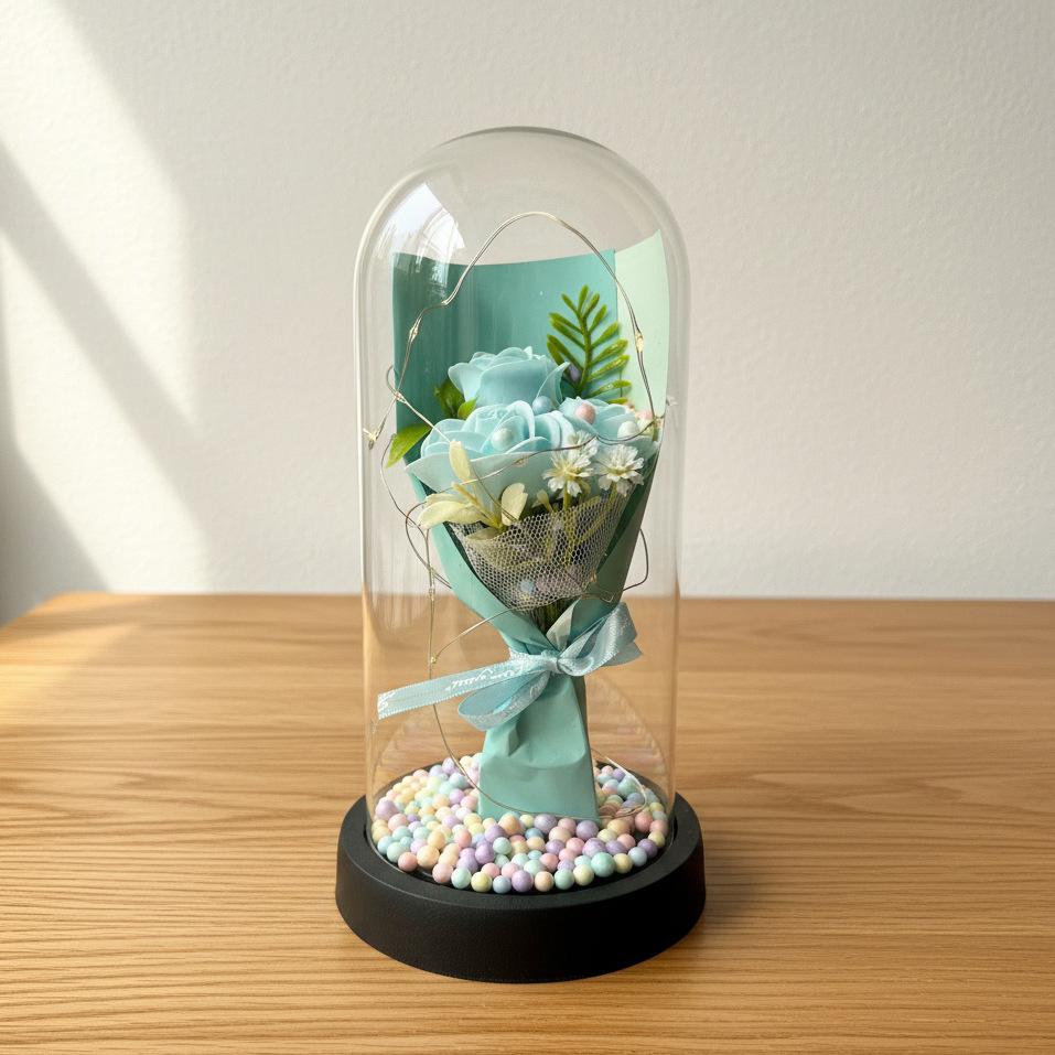 1 Artificial Rose Immortal Flower Bouquet Glass Cover Soap Flower Qixi Festival Valentine's Day Gift Creative Christmas Gift