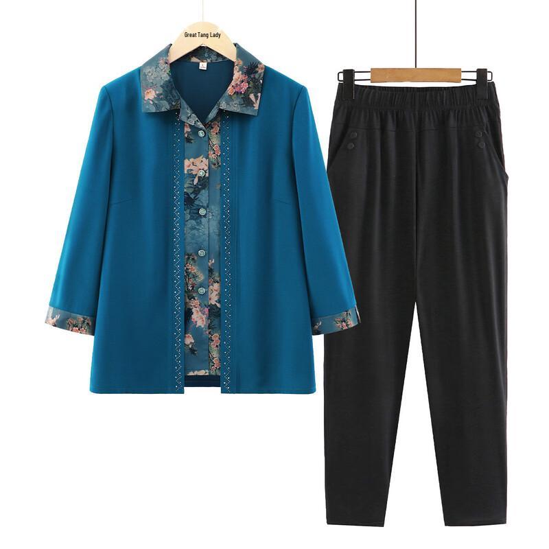 Elderly Women s Summer Breathable Lapel Shirt Set 3XL