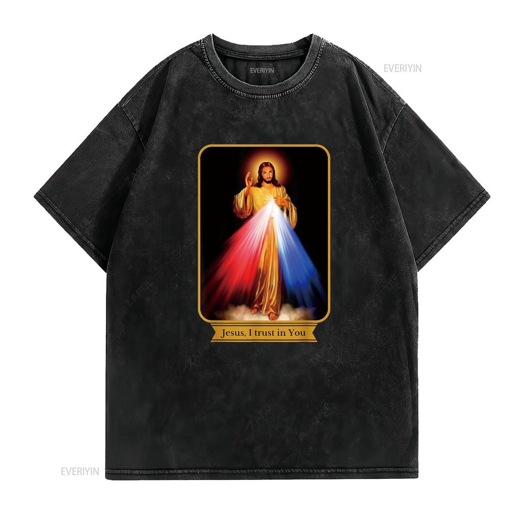 Gesù Misericordioso Confido in Te Maglietta Cattolica vintage Lavata Morbida Traspirante grafica Elasticizzata streetwear Comoda