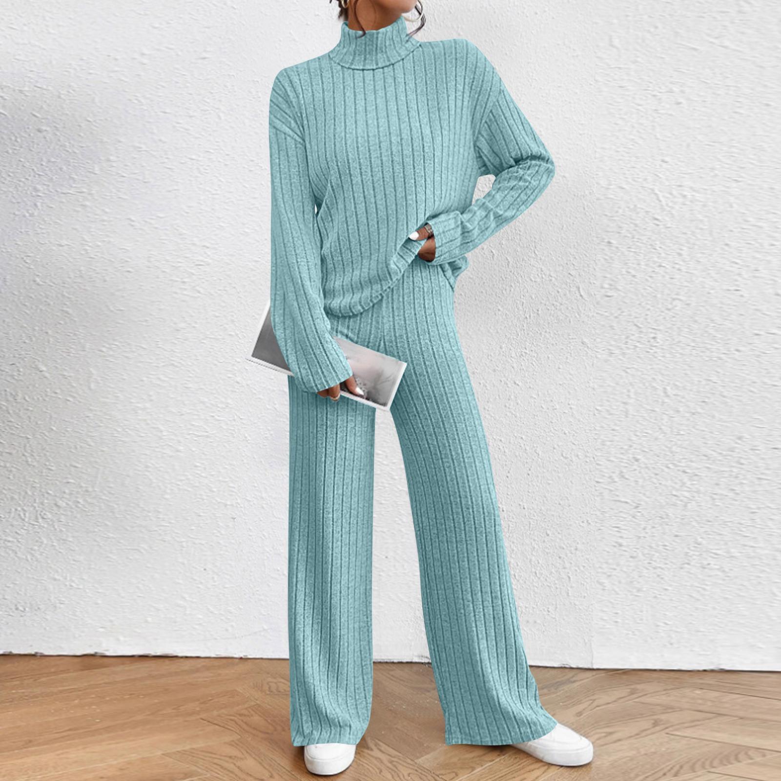 

Women s Fashion Solid Color High Collar Long Sleeve Top Elastic Waist Casual Pants Two Piece Set L синий