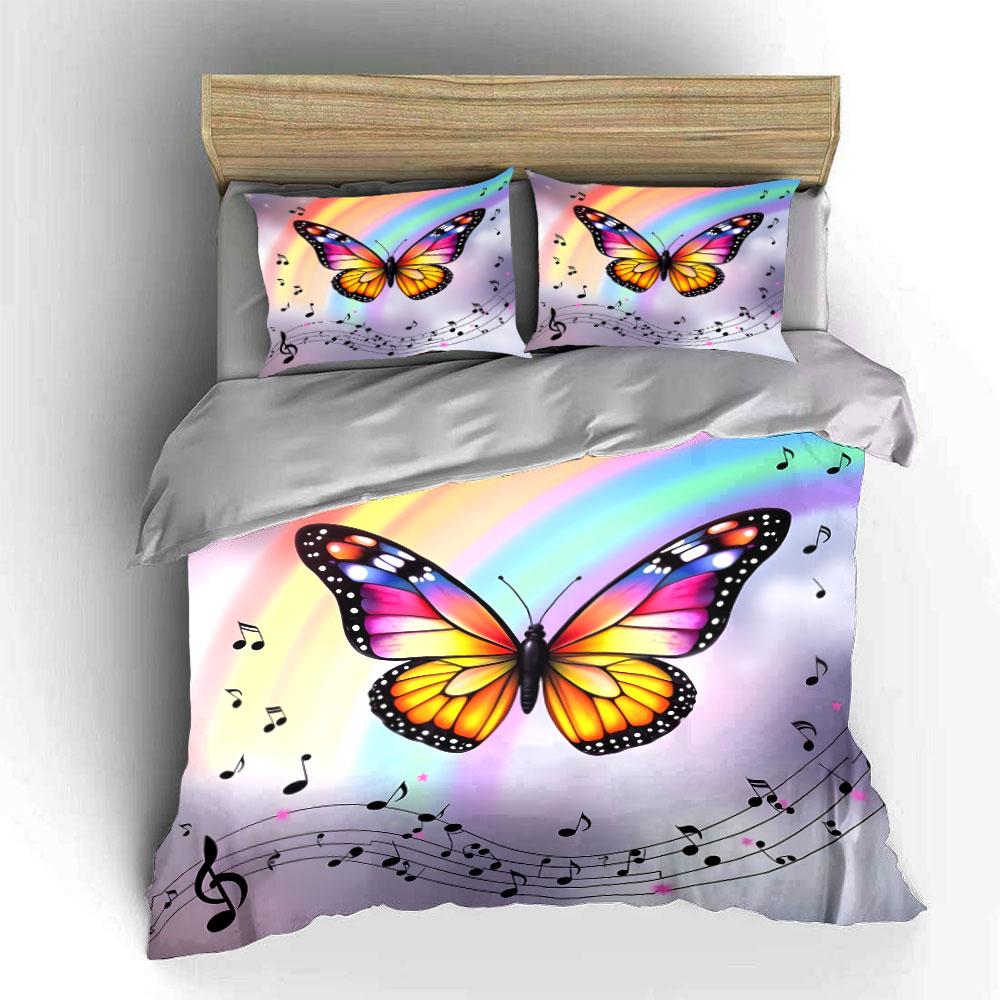 Rainbow Butterfly With Musical Notes Print Bedding Set 1 Duvet Cover 2 Pillowcases For Adult And Children Luxury Gift Full Size