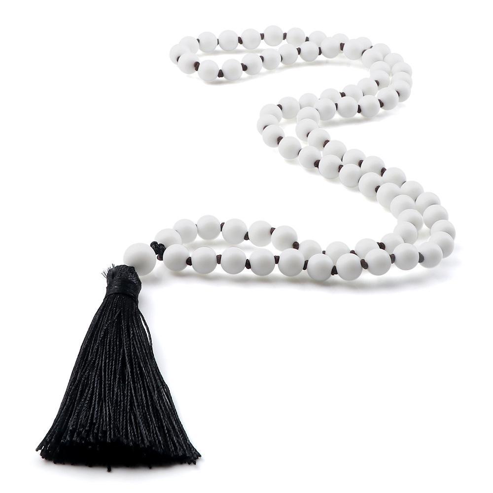 European 8mm Stone Bead Tassel Necklace and Multi-Strand Buddhist Bead Bracelet