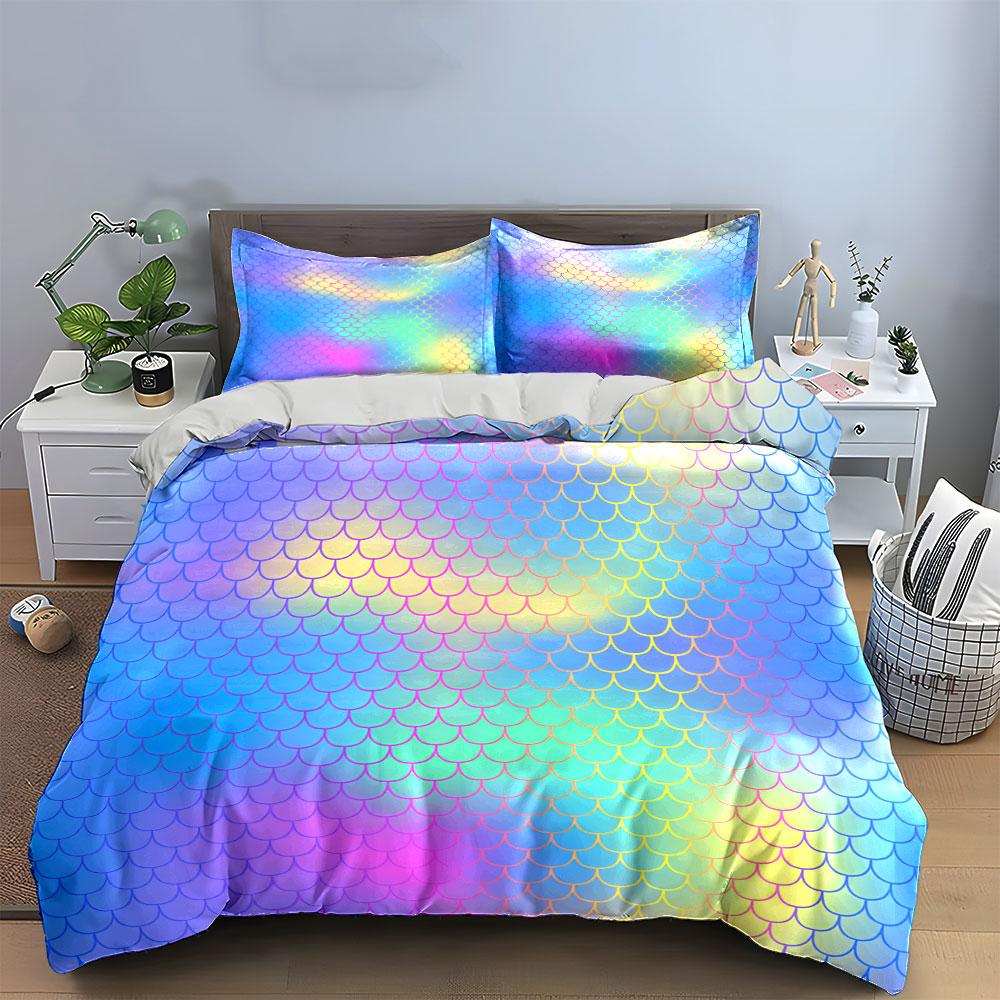 Colorful Mermaid Scale Decor Set Bedding Set with 1 Duvet Cover 2 Pillowcases Single Double King Queen, Gift