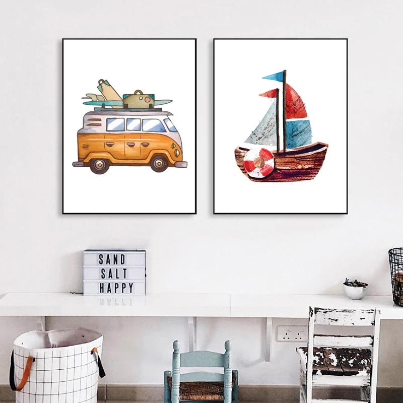 Cartoon Minimalist Poster Camping Vehicle Airplane Ship Canvas Painting Prints Kids Room Nursery Wall Art Cuadros Decoration