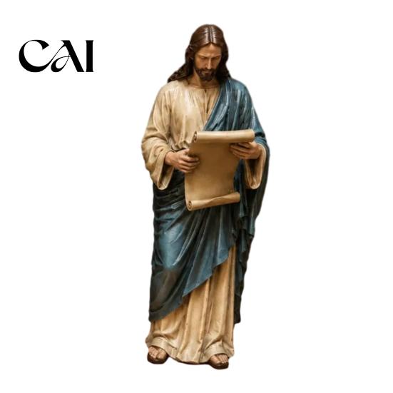 Religieuze Tafelblad Ornamenten Jezus Lezend Boekenplank Figuur, Vintage Heilige Christelijke Sculptuur, Handgeschilderde Gezegende Woondecoratie Hars Beeldje voor Kantoor