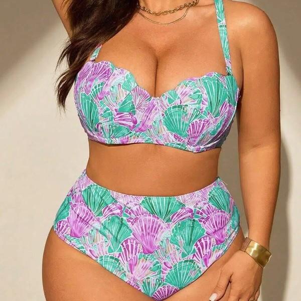 Women's Plus Size Underwire Push Up Bikini Set, Seashell Print High Waist Two Piece Swimsuit