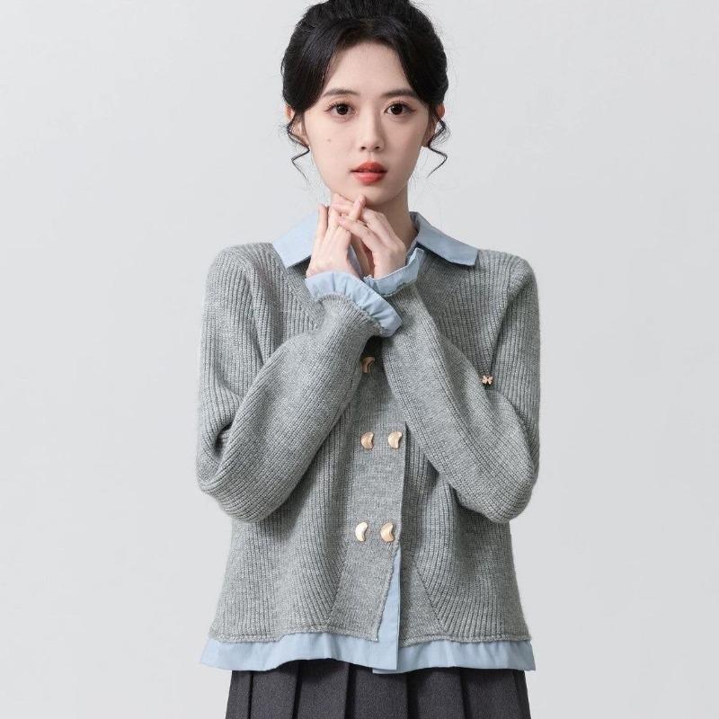 Fake Two-piece POLO Collar Sweater Women Spring Autumn New College Style Patchwork Knitted Cardigan Jacket Short Top