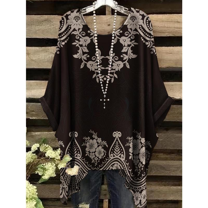 Women T-Shirts Bohemian Vacation Simple Pattern Print Tops Irregular Hemp Round Neck Fashion Versatile Short Sleeve Y2k Clothes