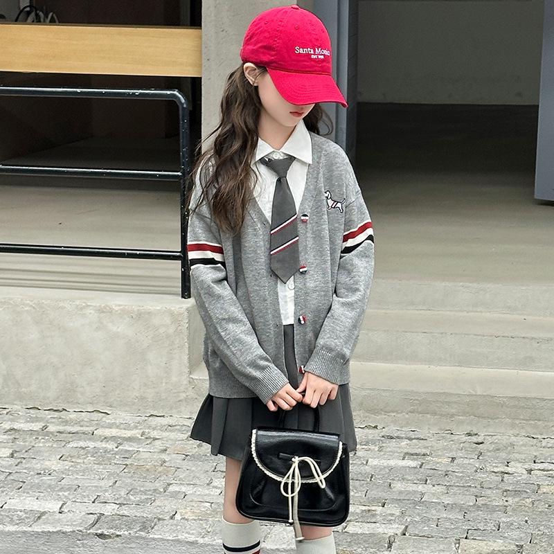 Girls' Autumn Preppy JK Shirt, Pleated Skirt, and Cardigan Set
