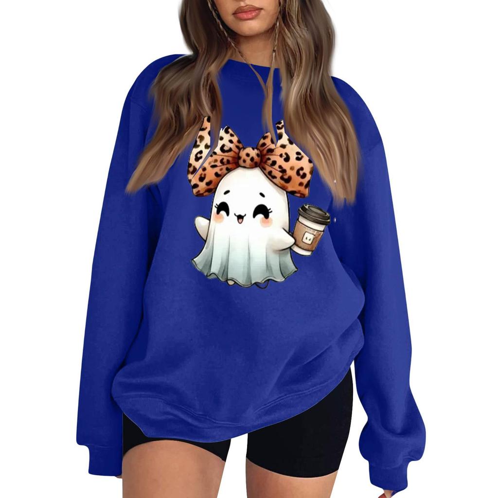Women's Neck Long Sleeve Sweatshirt Casual Loose Fit Color Pullover with Halloween Print