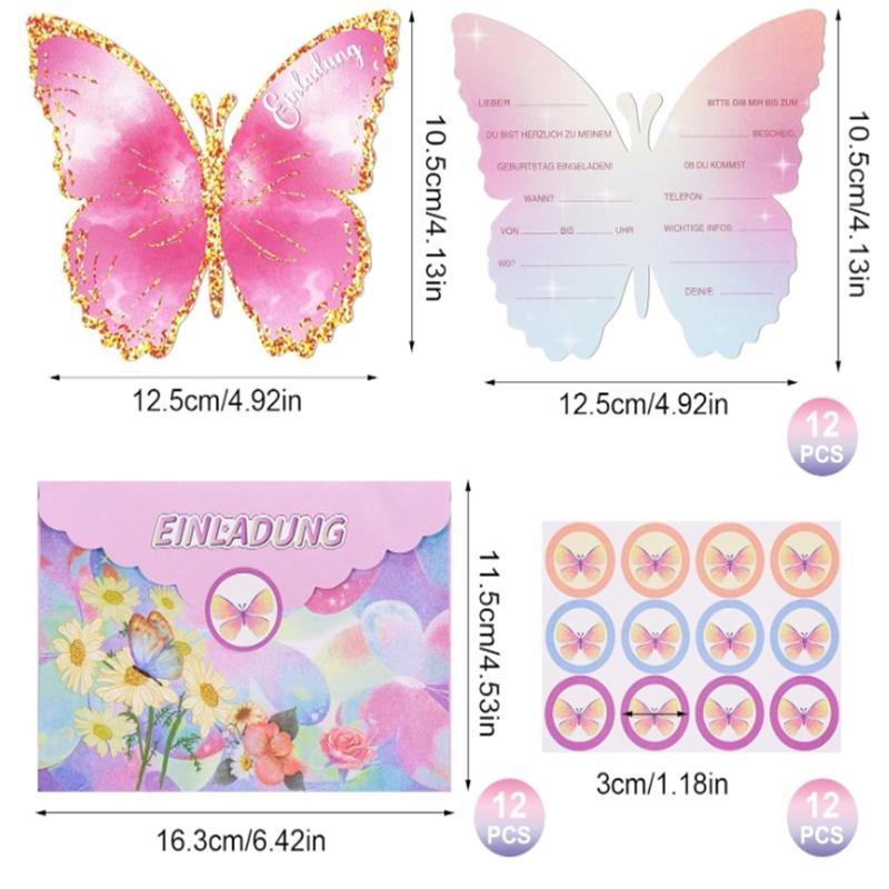 Schmetterling Einladungsbrief Für Kindergeburtstag, 12 Einladungsbriefe Für Mädchen Und Jungen Geburtstag, Umschlag, Siegelstreifen